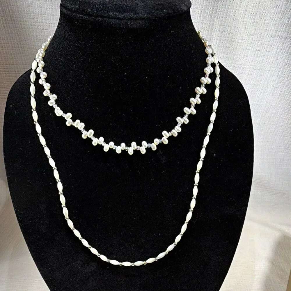 Vintage Mother of Pearl Liquid Silver & Freshwater Rice Pearl Necklace Lot 2pc